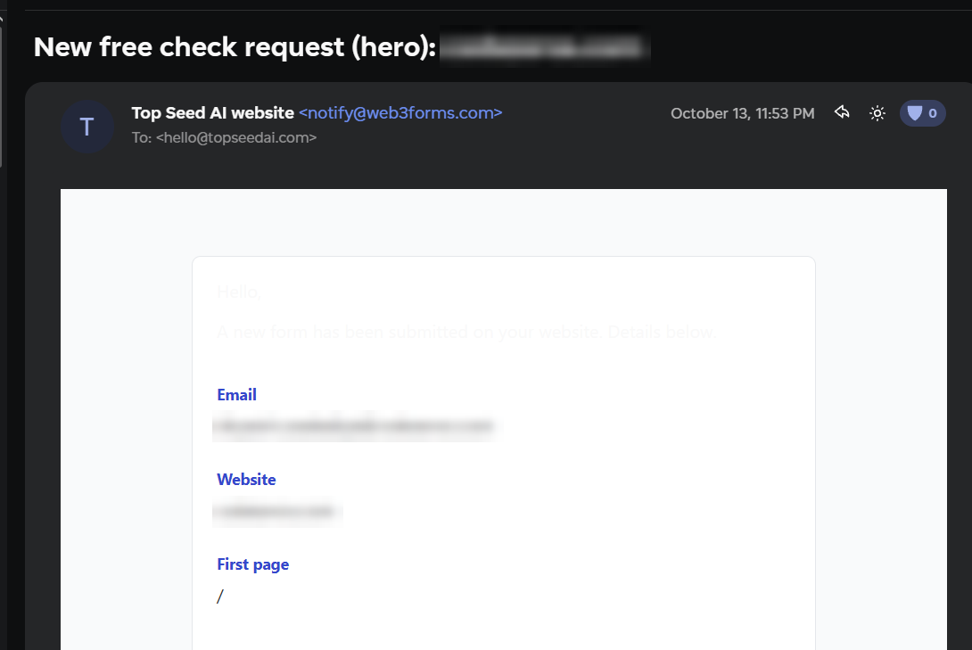 Form notification received October 13 at 11:53 PM, contact details blurred